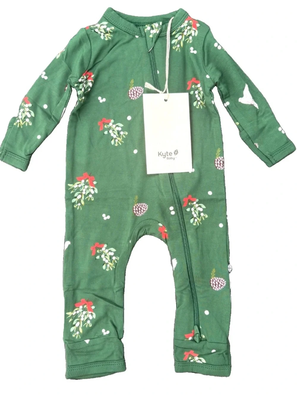 NWT Kyte Green Mistletoe Christmas Zip Romper